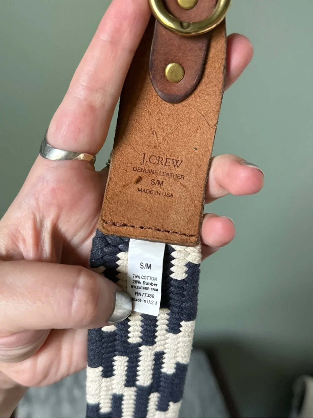 J. Crew - High Waist Woven Navy & Cream Belt with Brown Leather Trim - Size S/M